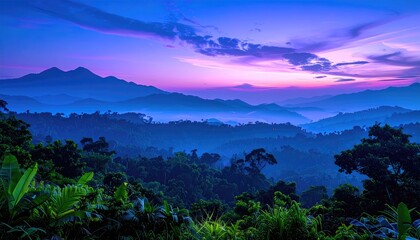 Lush mountain range at purple twilight