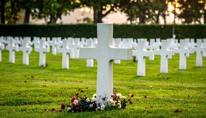 White crosses in a cemetery at dawn