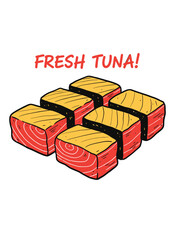 Fresh Tuna Sushi Illustration.Hand Drawn Tuna Blocks.Retro Style Seafood Art.Japanese Cuisine Doodle.Raw Fish Sashimi Vector