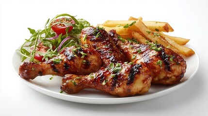 Appetizing glazed chicken drumsticks with golden french fries and a vibrant fresh green salad on a white plate