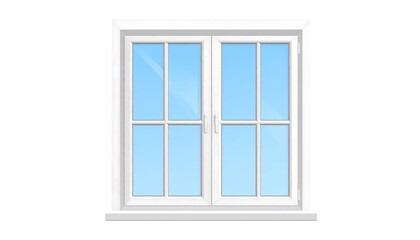 White double-hung window, light blue sky reflection