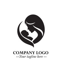 Mom and Baby Logo Symbol in Black on White Background for Gentle Minimalist Branding Design Art Plus