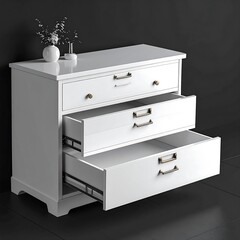 White dresser with three drawers.  Empty drawers, modern style