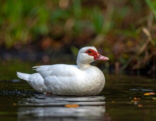 White duck on water, blurred background