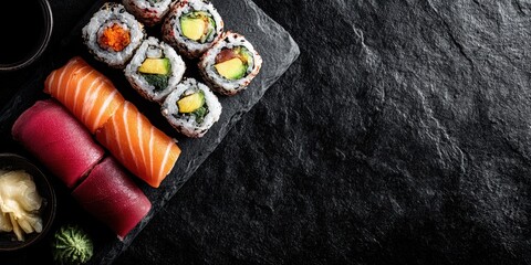 Fresh sushi rolls sashimi salmon tuna avocado fish roe on dark slate with ginger wasabi and soy sauce