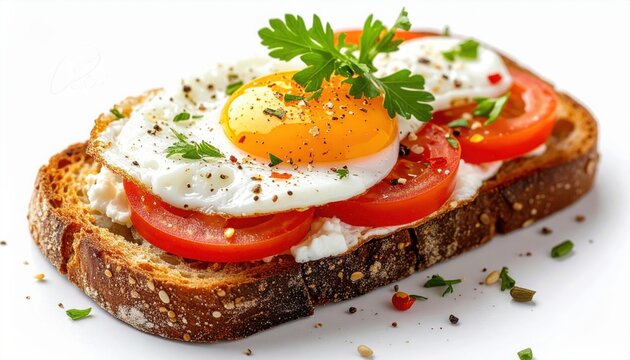 Toasted whole grain bread with a sunny side up egg sliced tomatoes creamy spread and parsley on a white background - Powered by Adobe