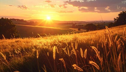 Golden fields at sunset, pastoral scene