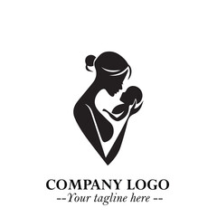 Mom and Baby Logo Symbol in Black on White Background for Gentle Minimalist Branding Design Art Plus