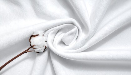 White fabric draped in a swirl with a dried cotton boll