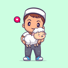 Cute Male Moslem Holding Sheep Cartoon