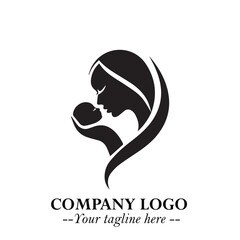 Mom and Baby Logo Symbol in Black on White Background for Gentle Minimalist Branding Design Art Plus