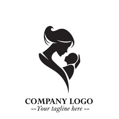 Mom and Baby Logo Symbol in Black on White Background for Gentle Minimalist Branding Design Art Plus