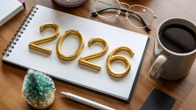 Golden 2026 numbers on a white spiral notebook, with a coffee cup, eyeglasses, a small decorative tree, and a pen on a wooden desk, symbolizing new year planning - Powered by Adobe