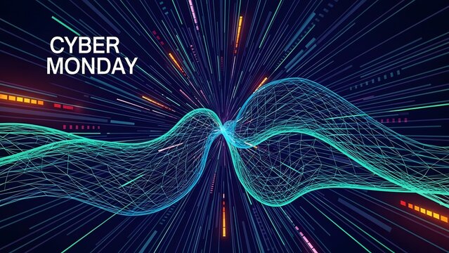 Cyber Monday promotional image featuring a digital abstract design with vibrant colors and dynamic lines. - Powered by Adobe