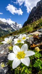 White flowers blooming amidst alpine scenery