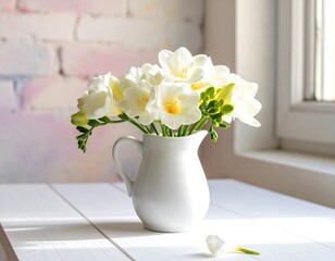 White flowers in a white pitcher on a white table