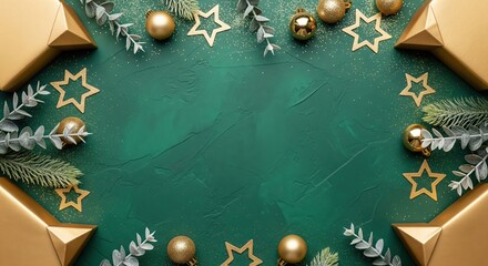 Christmas Flat Lay with Gold Baubles, Star Ornaments, Frosted Greenery, and Gift Boxes on Green Surface