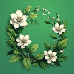 White flowers in a wreath on a green background