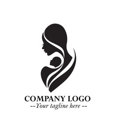 Mom and Baby Logo Symbol in Black on White Background for Gentle Minimalist Branding Design