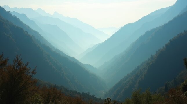 Misty mountain valley with soft blue hues and forest foreground - Powered by Adobe