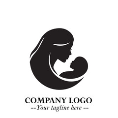 Mom and Baby Logo Symbol in Black on White Background for Gentle Minimalist Branding Design