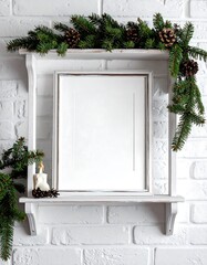 White framed print mockup on a shelf with Christmas greenery