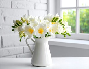 White freesia bouquet in a pitcher, by a window