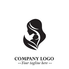 Mom and Baby Logo Symbol in Black on White Background for Gentle Minimalist Branding Design