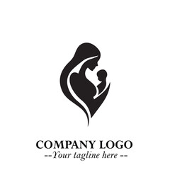 Mom and Baby Logo Symbol in Black on White Background for Gentle Minimalist Branding Design