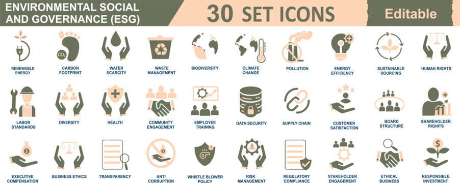 30 ESG & CSR Icons: Environmental, Social, and Governance Symbols (Climate, Diversity, Health, Safety, Transparency, Ethics) for Strategy and Reporting.