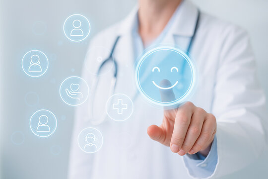 AI generated medical interaction with doctor selecting smile icon on hologram ui representing patient satisfaction health service design and smart digital care system in modern ehealth environment
