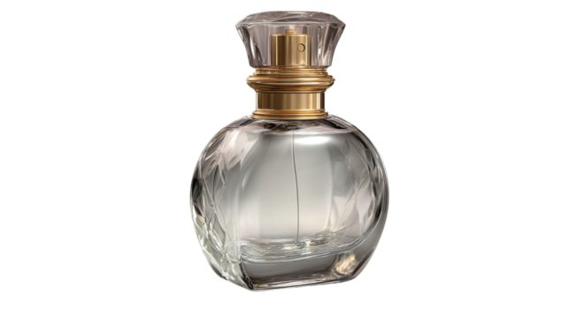 Perfume bottle with clear glass and gold accents, showcasing luxury fragrance and cosmetic beauty on transparent background