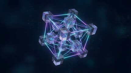 3D cubes floating in space, connected by glowing neon lines in blue, purple or cyan, softly reflected on dark surfaces, centered or diagonal, with negative space for text or design.