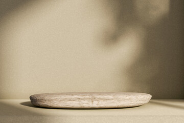 Empty round rock stone display platform on concrete counter table with sunlight shadow on plain wall