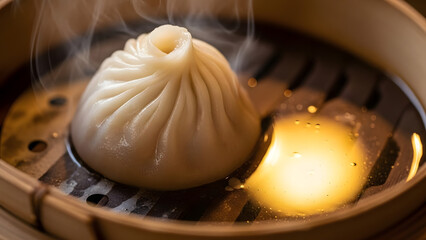 Steaming hot soup dumpling in a bamboo steamer basket.