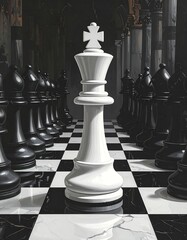 White King chess piece in the middle of a chessboard surrounded by black pieces