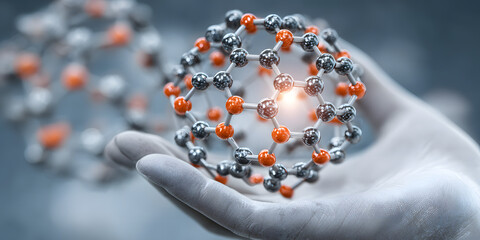 Scientists collaborate and chemistry presentation concept. Hand holding a molecular structure representing scientific innovation.