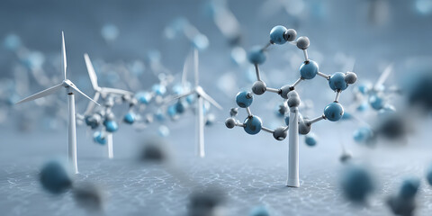 Scientists collaborate and chemistry presentation concept. Futuristic landscape with wind turbines and molecular structures.