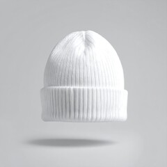 White knitted beanie against a neutral backdrop