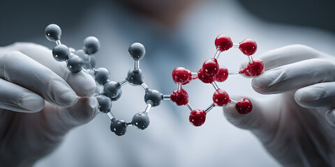Scientists collaborate and chemistry presentation concept. Molecular structures held by a scientist in gloves.