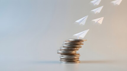 Paper airplanes launching from stacked coins on a neutral background, symbolizing startup growth, innovation, financial success.