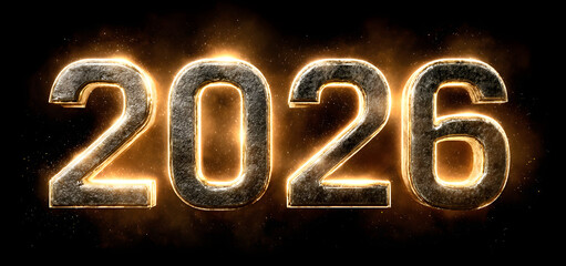 2026 Happy New Year celebration background. Golden numbers with glow light effects on black.