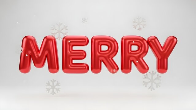 Close-up 3D render of the word "MERRY" in shiny, inflated red text, with subtle, ethereal snowflakes scattered around. The bright white background provides a clean, impactful, and modern look for Chri
