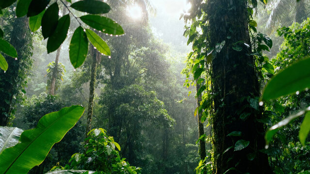 Sunlight filtering through dense tropical rainforest canopy with lush green foliage and misty atmosphere - Powered by Adobe