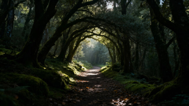 A serene forest path lined with arching trees, creating a natural tunnel illuminated by soft sunlight filtering through the canopy.