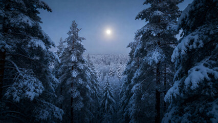 Snow-covered pine trees in a moonlit forest at night