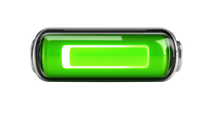 Full battery charging power level concept, green electric energy icon with indicator for digital device status, transparent background