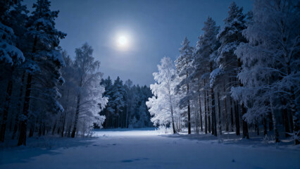 Naklejka premium Snow-covered forest path illuminated by a full moon at night