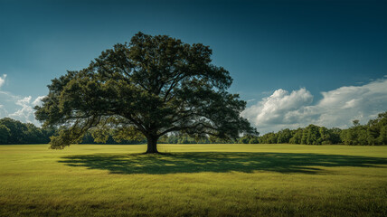 夏の草原に濃い緑の一本木が立つ風景