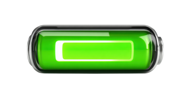 Full battery charging power level concept, green electric energy icon with indicator for digital device status, transparent background